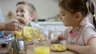 母亲在午饭时问女儿吃<strong>玉米片</strong>时，把<strong>玉米片</strong>放进碗里